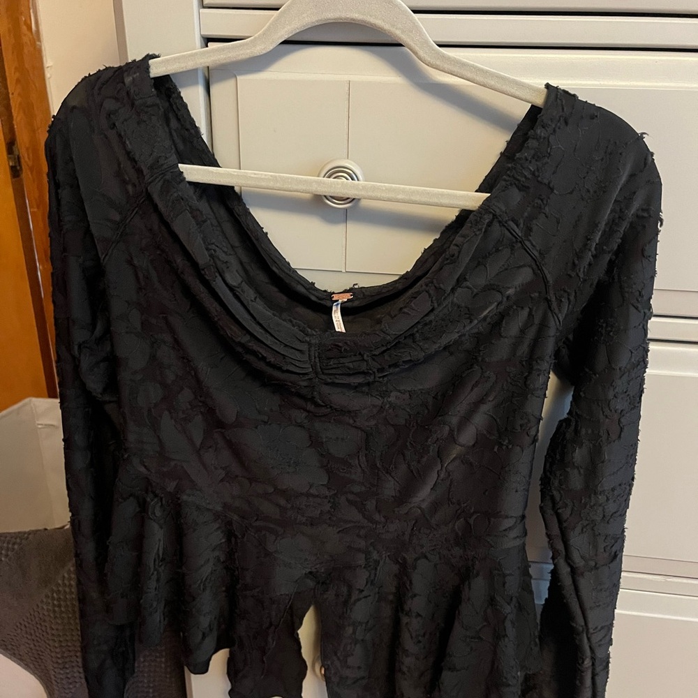 Free People Black Textured Long Sleeve Top